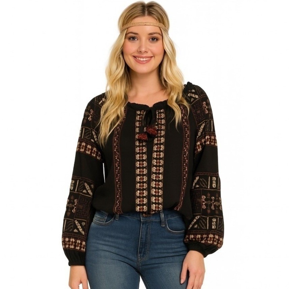 American Eagle Black Embroidered Peasant Blouse Tassel Tie Top L festival Boho